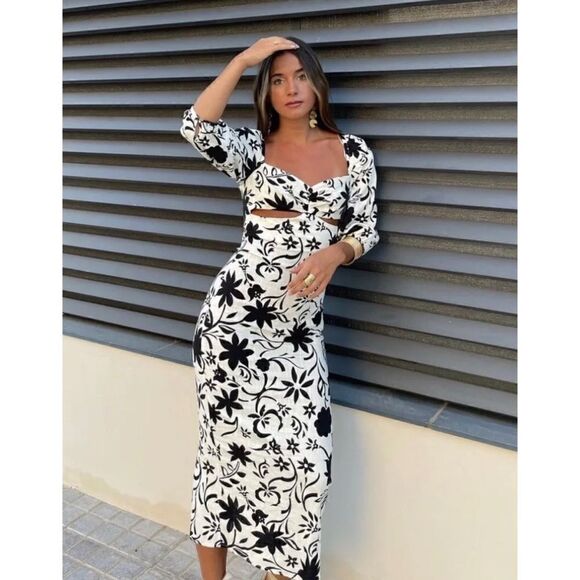 NWT Zara Blogger’s Favorite Linen Floral Gathered Short Puff Sleeves Midi Dress - Picture 7 of 16